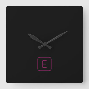 Modern Styled Initial Monogram Pink & Black Square Wall Clock