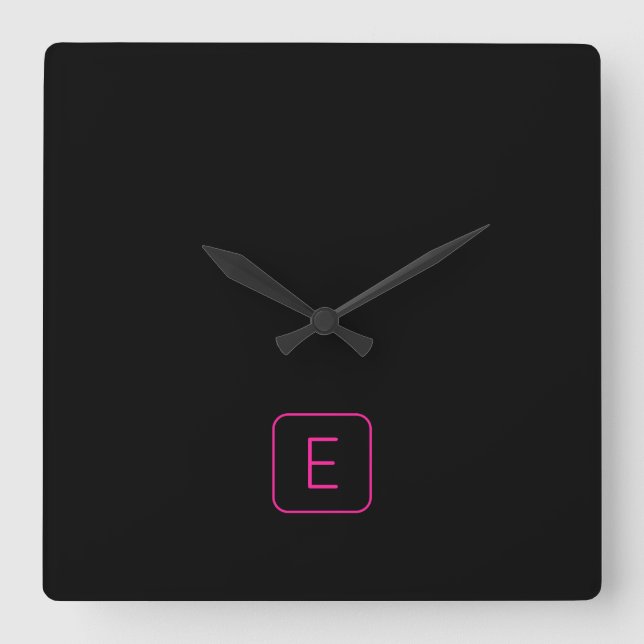 Modern Styled Initial Monogram | Pink & Black Square Wall Clock (Front)