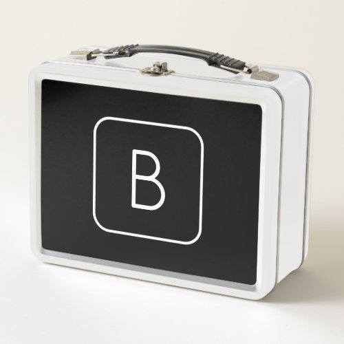 Modern Styled Initial Monogram  White  Black Metal Lunch Box