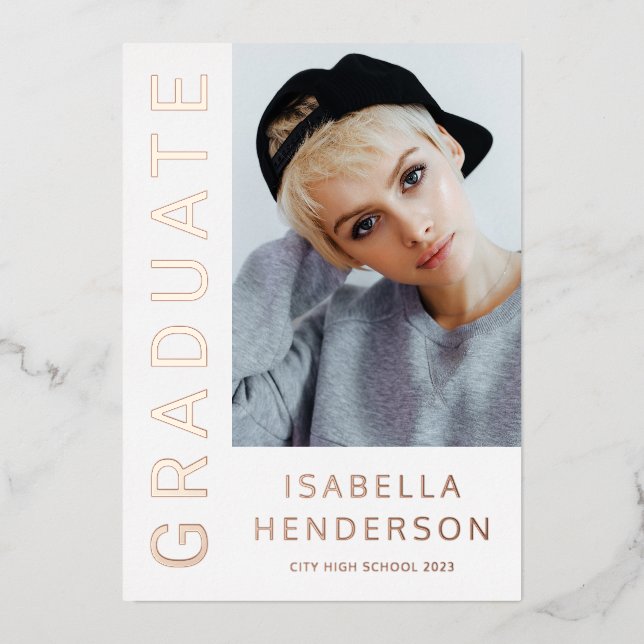 Modern Stylish 2 Photo Graduation Rose Gold Foil Invitation (Front)