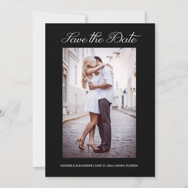 Modern Stylish 2 Photo Wedding Engagement Black Save The Date (Front)