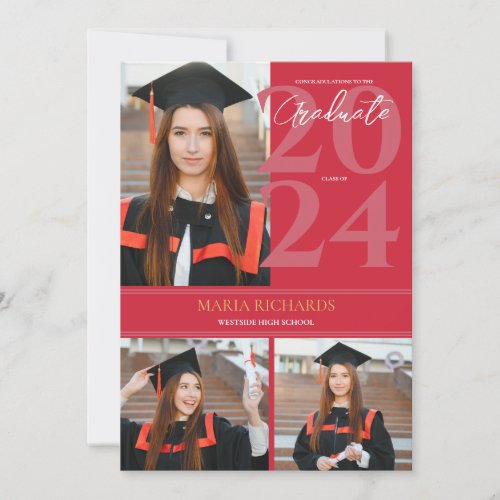 Modern Stylish 3 Photo Collage Red Graduation Announcement