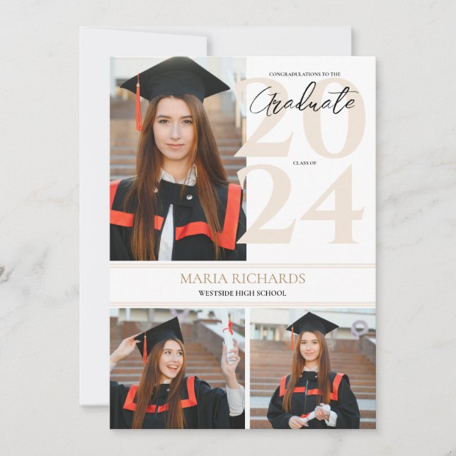 Modern Stylish 3 Photo Collage White Graduation Announcement (Front)