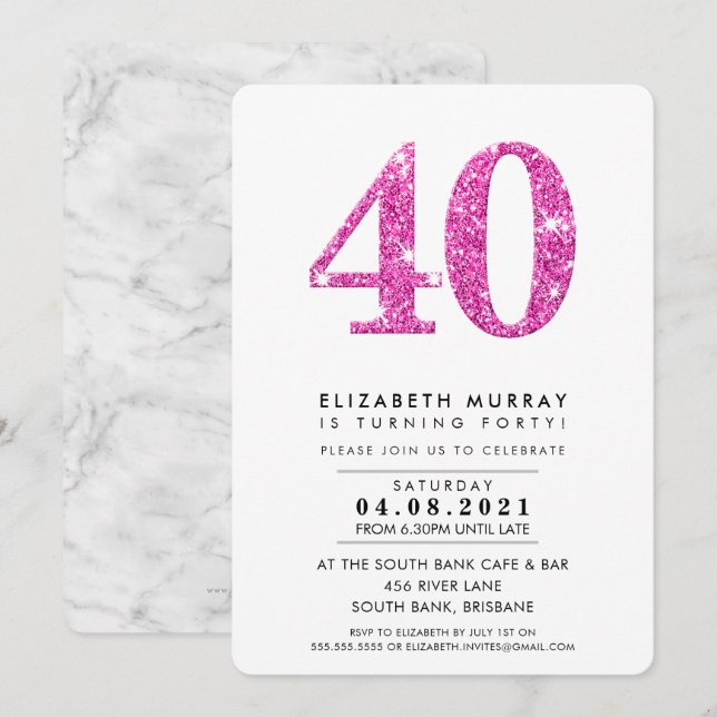 MODERN STYLISH 40TH birthday party pink glitter 40 Invitation (Front/Back)