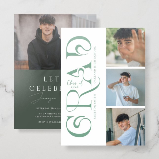 Modern Stylish 4 Photo Graduation Invitation (Front/Back)