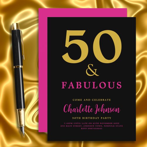 Modern Stylish 50th Birthday Party Pink Black Gold Invitation