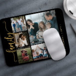 Modern stylish 6 photo collage family calligraphy mouse pad<br><div class="desc">Elegant modern family handwritten calligraphy script with six custom photos black gold keepsake photo mouse pad template.              Please note that the background color is changeable. You can replace the black with any other color after selecting CUSTOMIZE option.</div>