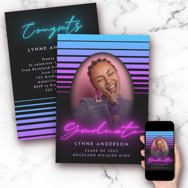 Modern Stylish 70s Retro Neon Photo Graduation Invitation (Creator Uploaded)