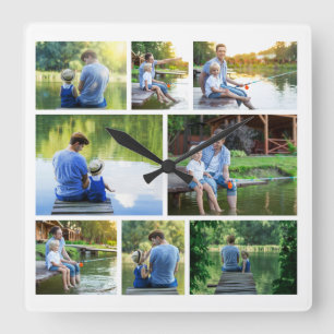 Modern Stylish 8 Photo Collage Square Wall Clock