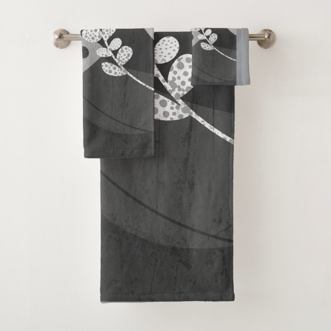 modern stylish abstract art gray and black  bath towel set (Insitu)