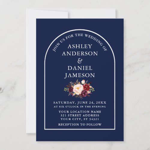 Modern Stylish Arch Burgundy Floral Blue Wedding Invitation