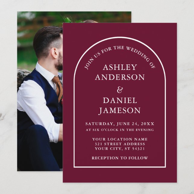 Modern Stylish Arch Burgundy Photo Wedding Invitation (Front/Back)