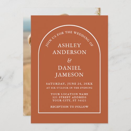 Modern Stylish Arch Burnt Orange Photo Wedding Invitation