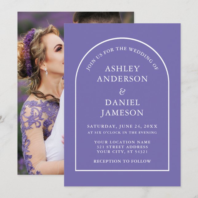 Modern Stylish Arch Periwinkle Photo Wedding Invitation (Front/Back)