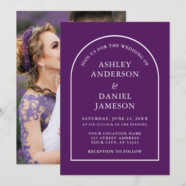 Modern Stylish Arch Purple Photo Wedding Invitation (Front/Back)