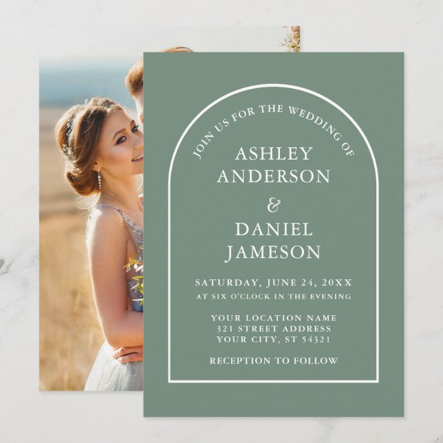 Modern Stylish Arch Sage Green Photo Wedding Invitation (Front/Back)