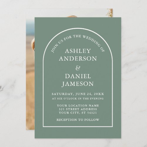 Modern Stylish Arch Sage Green Photo Wedding Invitation