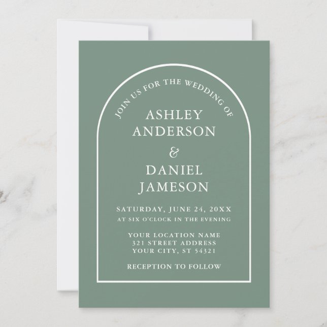 Modern Stylish Arch Sage Green Wedding Invitation (Front)