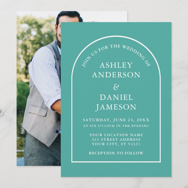 Modern Stylish Arch Teal Photo Wedding Invitation (Front/Back)
