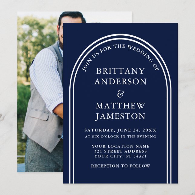 Modern Stylish Arch Wedding Blue Photo Invitation (Front/Back)