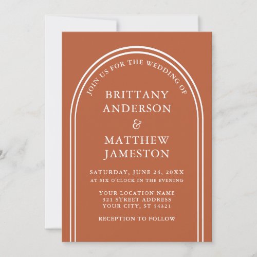 Modern Stylish Arch Wedding Burnt Orange Invitation