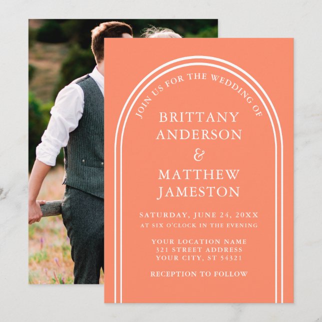 Modern Stylish Arch Wedding Coral Photo Invitation (Front/Back)