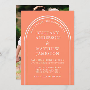 Modern Stylish Arch Wedding Coral Photo Invitation