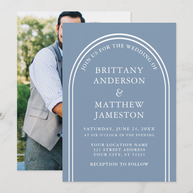 Modern Stylish Arch Wedding Dusty Blue Photo Invitation (Front/Back)