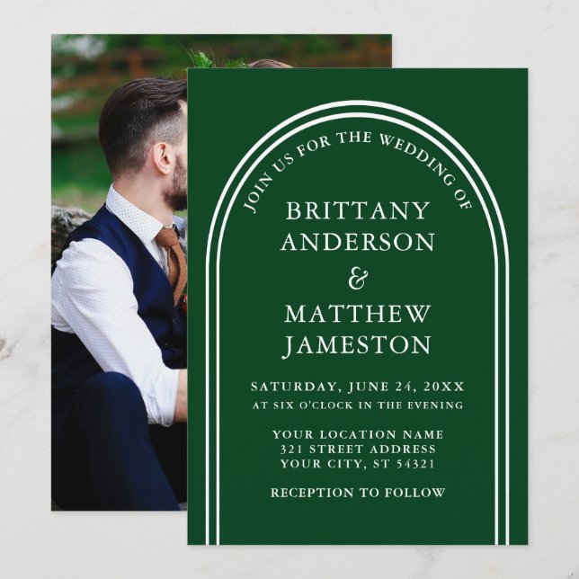 Modern Stylish Arch Wedding Green Photo Invitation (Front/Back)