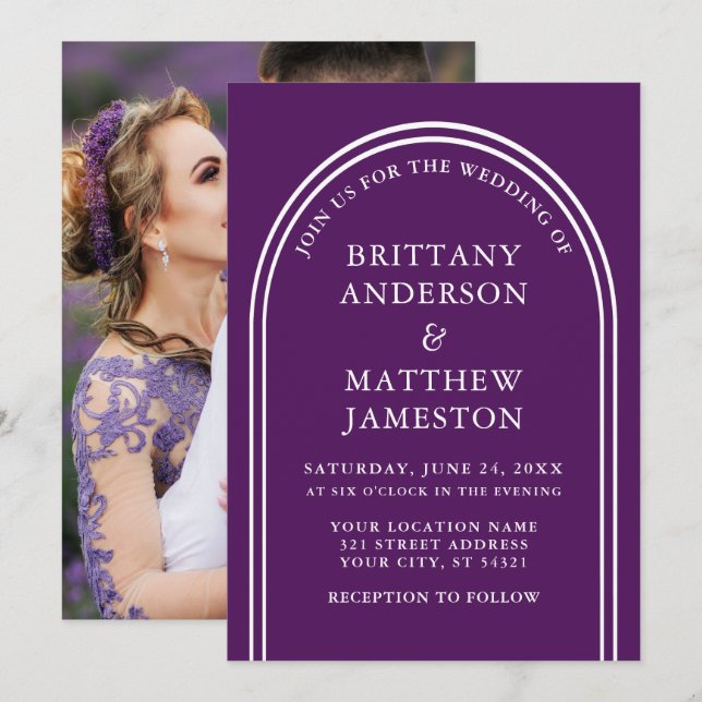 Modern Stylish Arch Wedding Purple Photo Invitation (Front/Back)