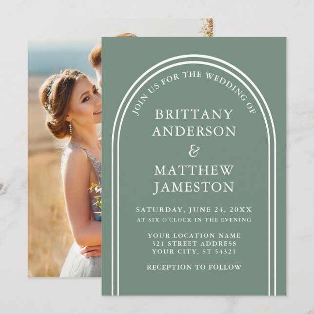 Modern Stylish Arch Wedding Sage Green Photo Invitation (Front/Back)