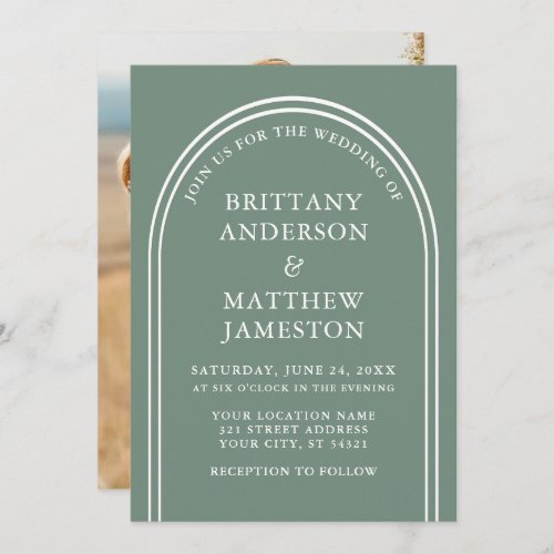 Modern Stylish Arch Wedding Sage Green Photo Invitation