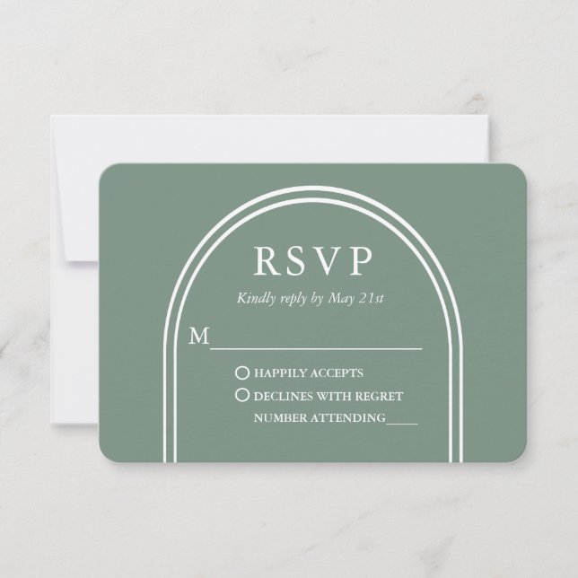 Modern Stylish Arch Wedding Sage Green RSVP Card (Front)
