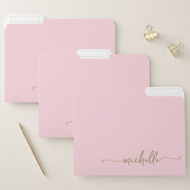 Modern Stylish Baby Pink Gold Custom Name Script File Folder (Set)
