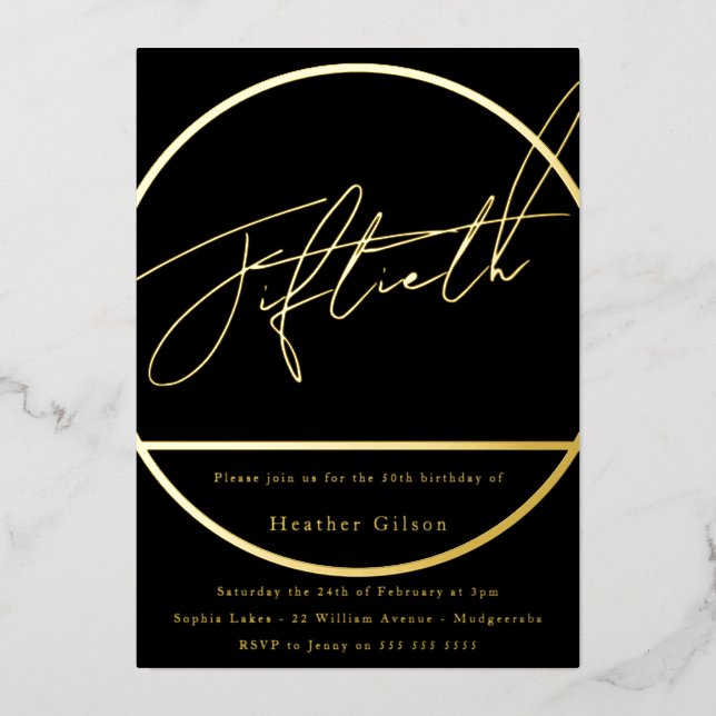 Modern Stylish Black 50th Birthday Party Gold Foil Invitation (Front)