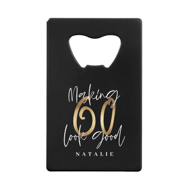 Modern stylish black and gold 60th birthday credit card bottle opener (Front)