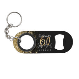 Modern stylish black and gold glitte 60th birthday keychain bottle opener