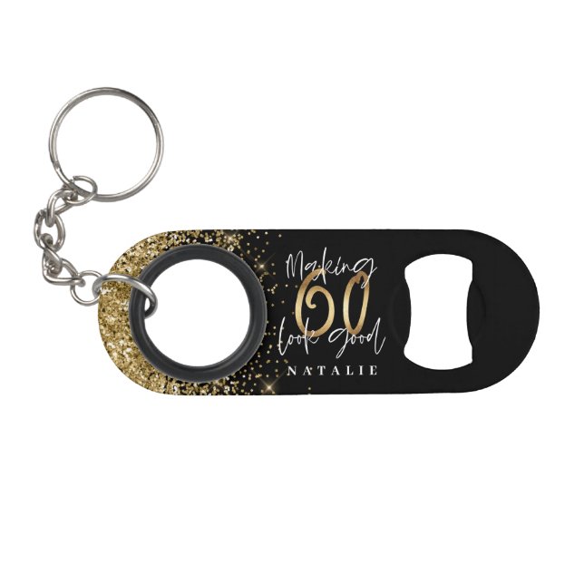 Modern stylish black and gold glitte 60th birthday keychain bottle opener (Front (Horizontal))