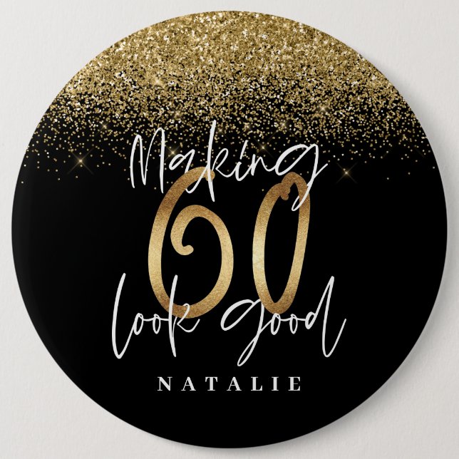 Modern stylish black and gold glitter 60 birthday button (Front)