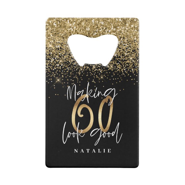 Modern stylish black and gold glitter 60 birthday credit card bottle opener (Back)