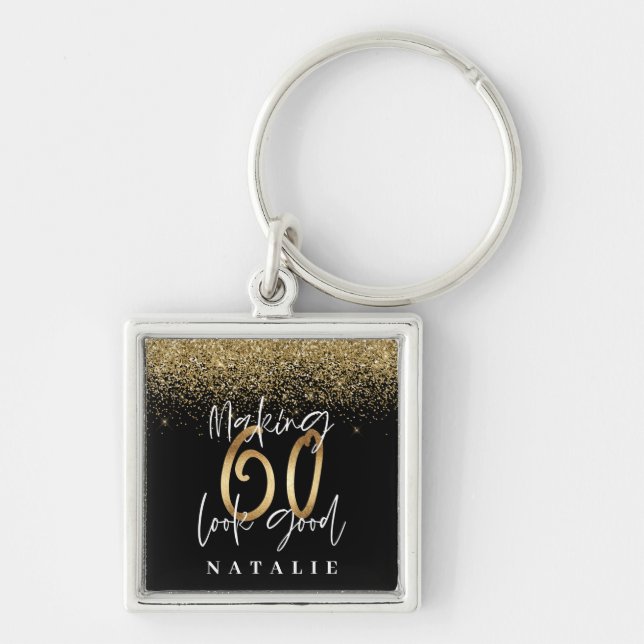 Modern stylish black and gold glitter 60 birthday keychain (Front)