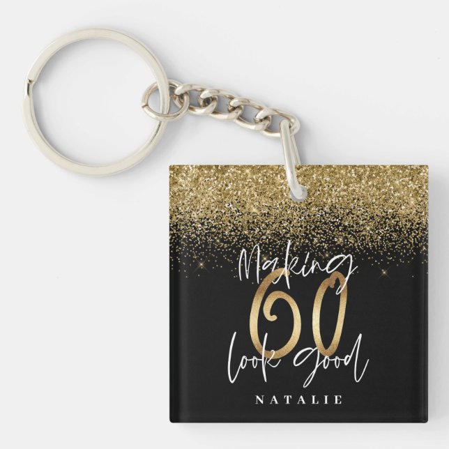 Modern stylish black and gold glitter 60 birthday keychain (Front)
