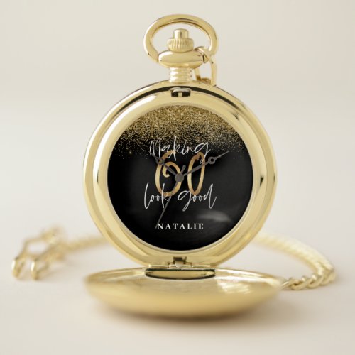 Modern stylish black and gold glitter 60 birthday pocket watch