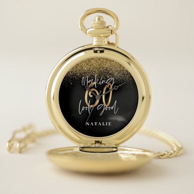 Modern stylish black and gold glitter 60 birthday pocket watch (Inside)