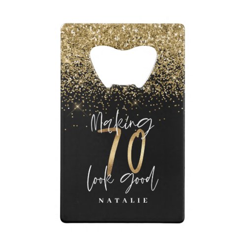 Modern stylish black and gold glitter 70 birthday credit card bottle opener