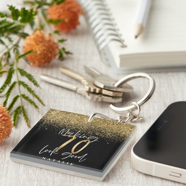 Modern stylish black and gold glitter 70 birthday keychain (Front Right)