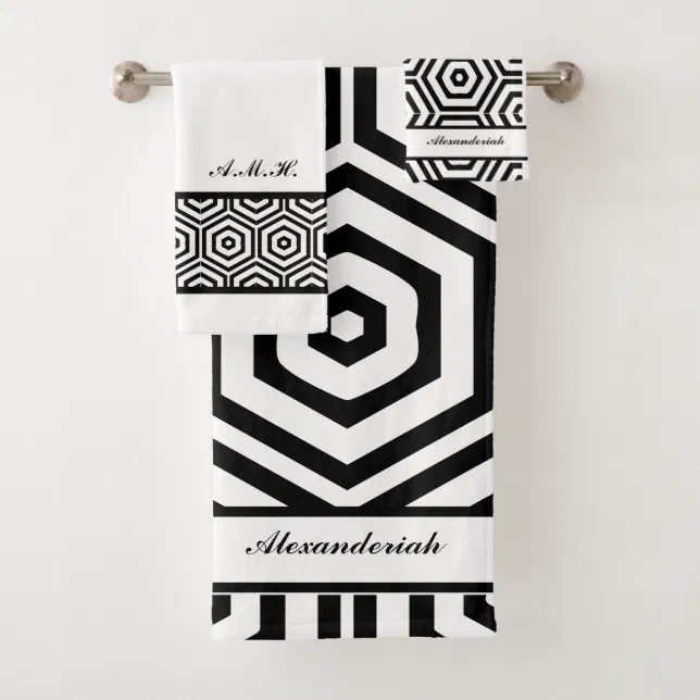 Modern stylish Black and white bathroom geometric Bath Towel Set (Insitu)