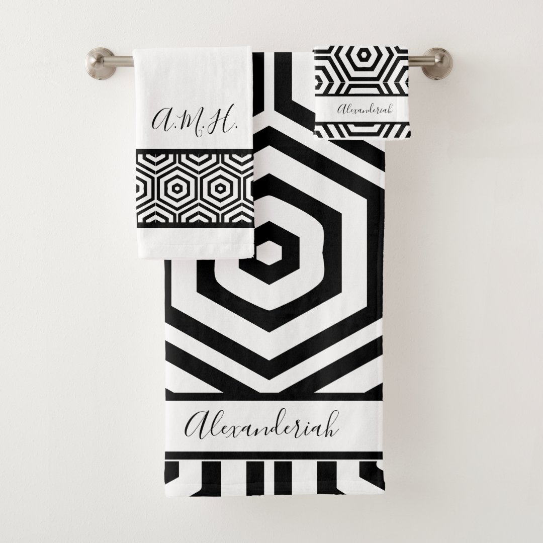 Modern stylish Black and white bathroom geometric Bath Towel Set Zazzle