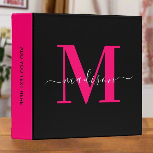 Modern Stylish Black  Bold Pink Monogram Initials 3 Ring Binder