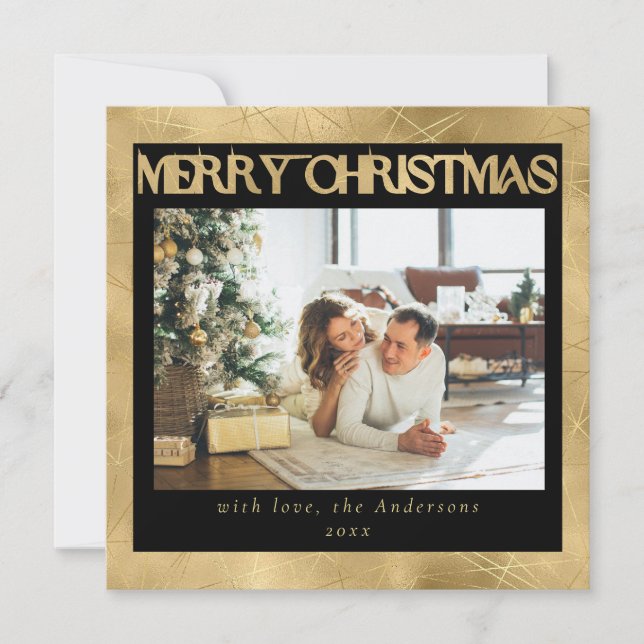 Modern Stylish Black & Faux Gold 1 Photo Christmas Holiday Card (Front)